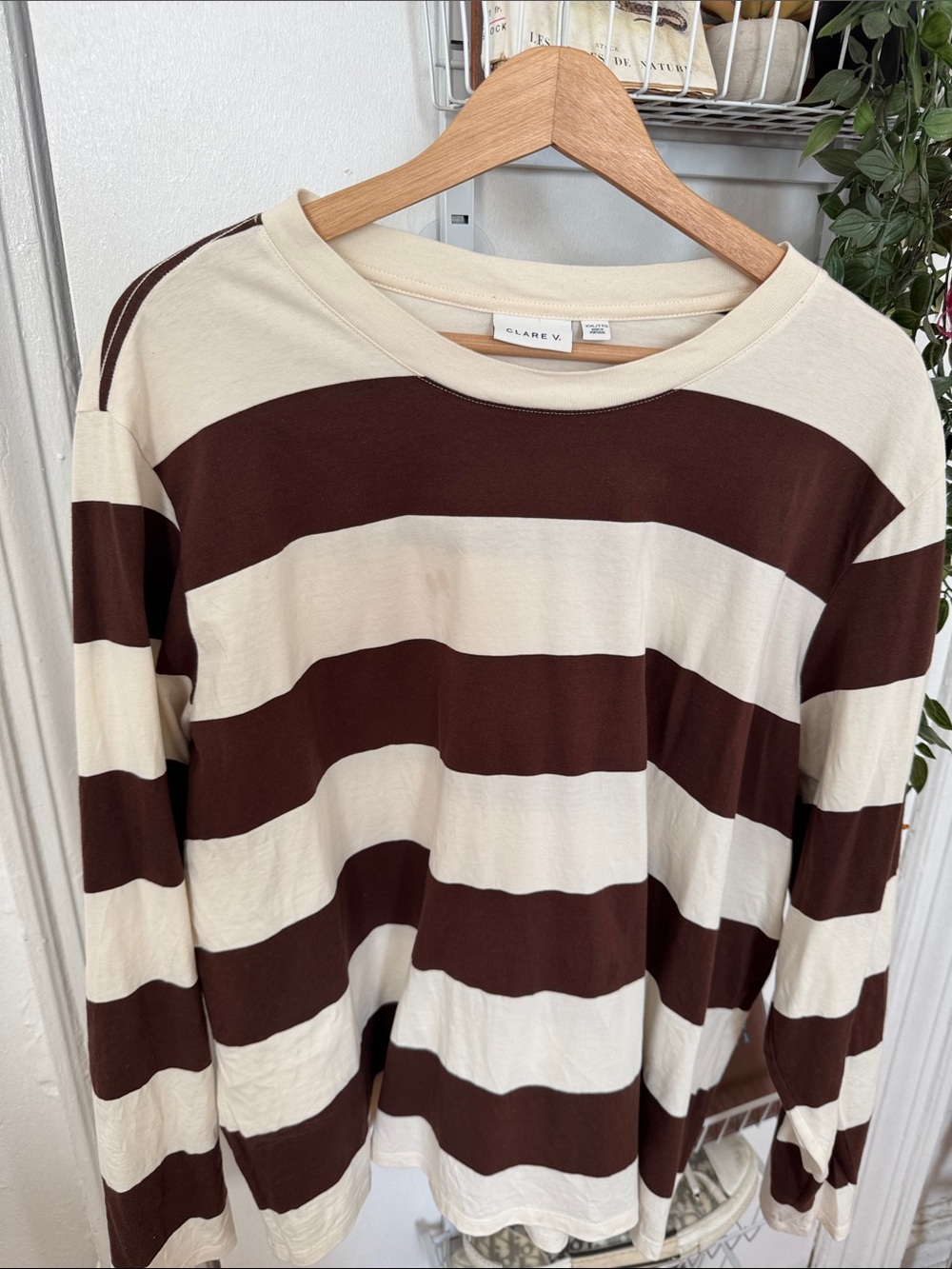 Clare V Wide Striped Long Sleeve Tee in Cream and Brown
